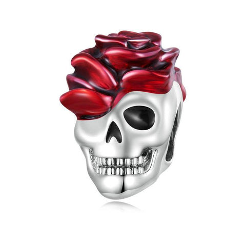Skull With Rose Enamel Sterling Silver Bead Charm Pendant Bracelet Necklace