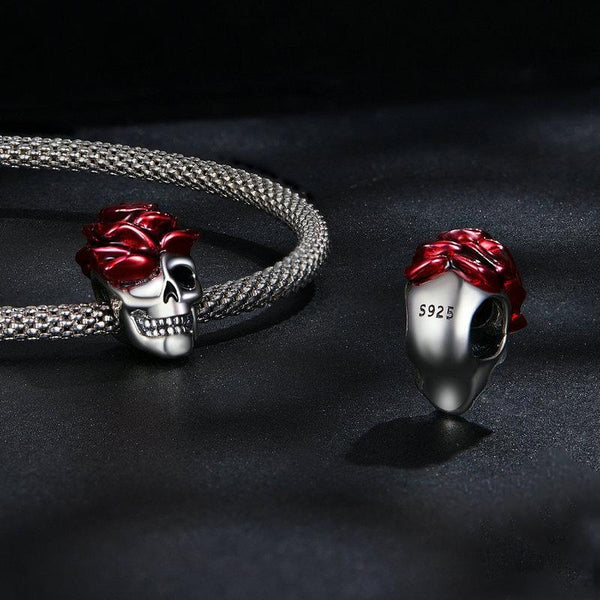 Skull With Rose Enamel Sterling Silver Bead Charm Pendant Bracelet Necklace