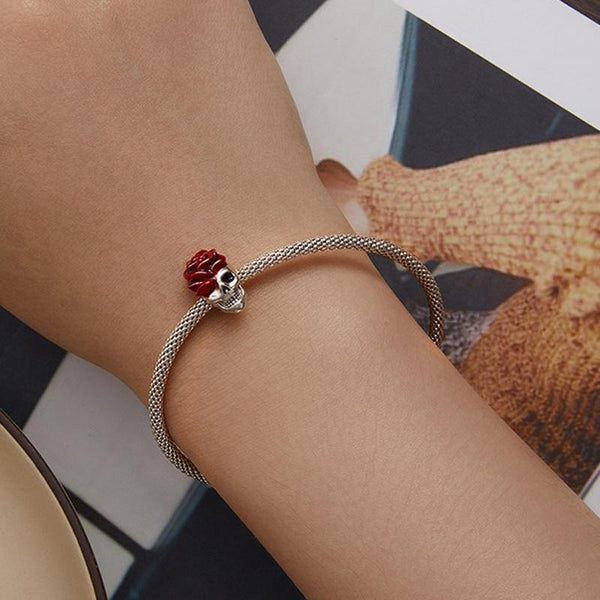 Skull With Rose Enamel Sterling Silver Bead Charm Pendant Bracelet Necklace