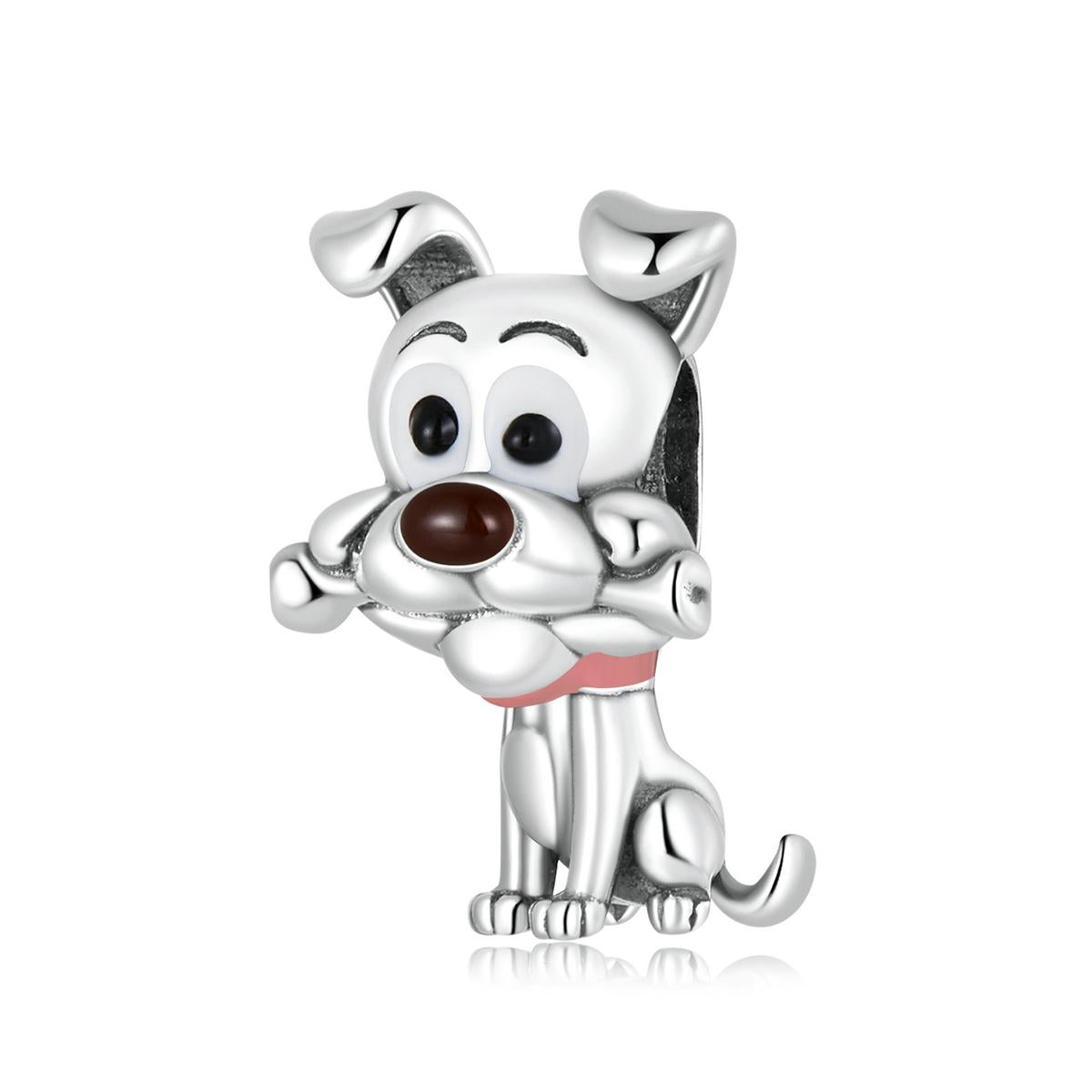 Dog With Bone Sterling Silver Zircon CZ Bead Charm Bracelet Necklace