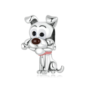 Dog With Bone Sterling Silver Zircon CZ Bead Charm Bracelet Necklace