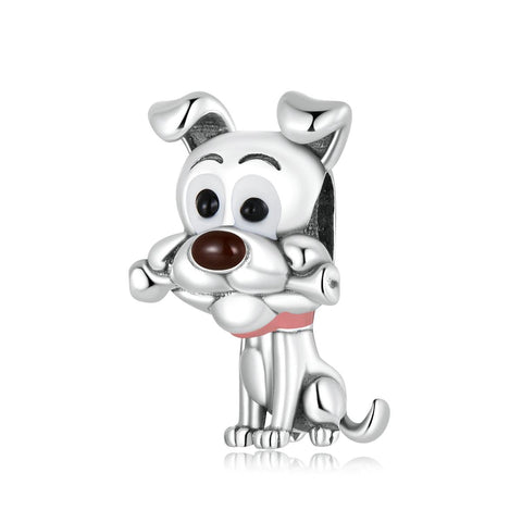 Dog With Bone Sterling Silver Zircon CZ Bead Charm Bracelet Necklace
