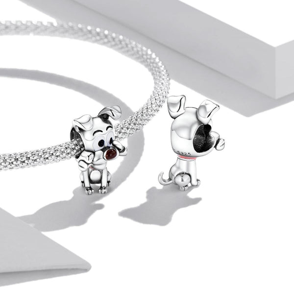 Dog With Bone Sterling Silver Zircon CZ Bead Charm Bracelet Necklace