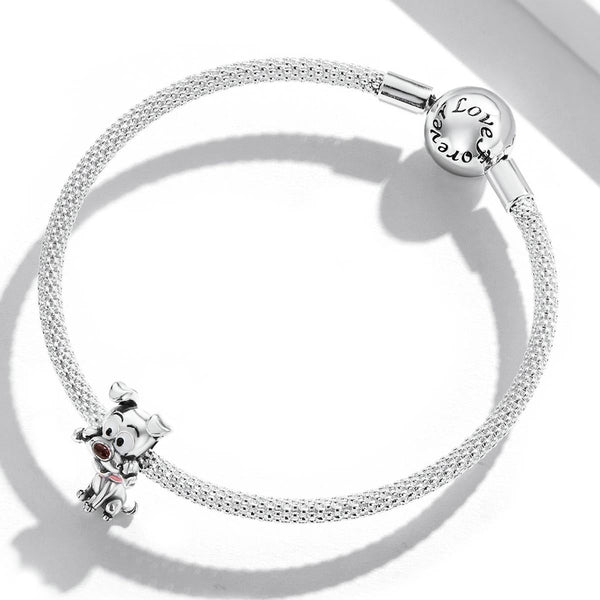 Dog With Bone Sterling Silver Zircon CZ Bead Charm Bracelet Necklace