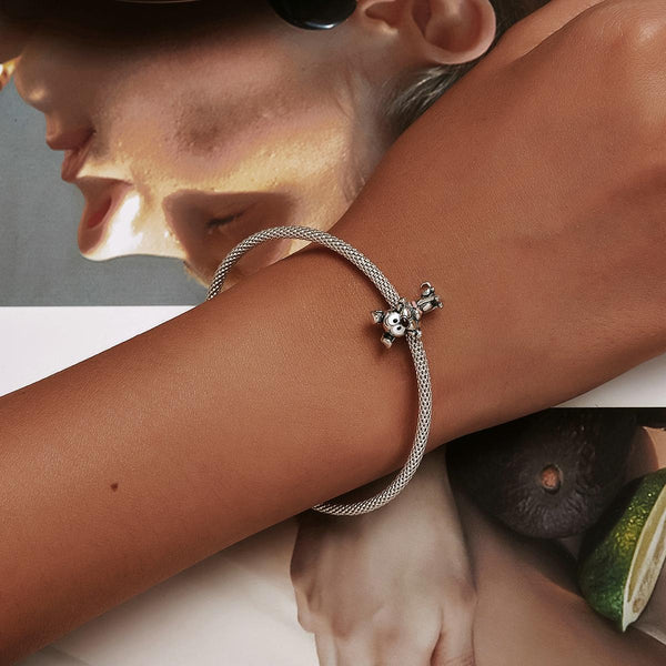 Dog With Bone Sterling Silver Zircon CZ Bead Charm Bracelet Necklace