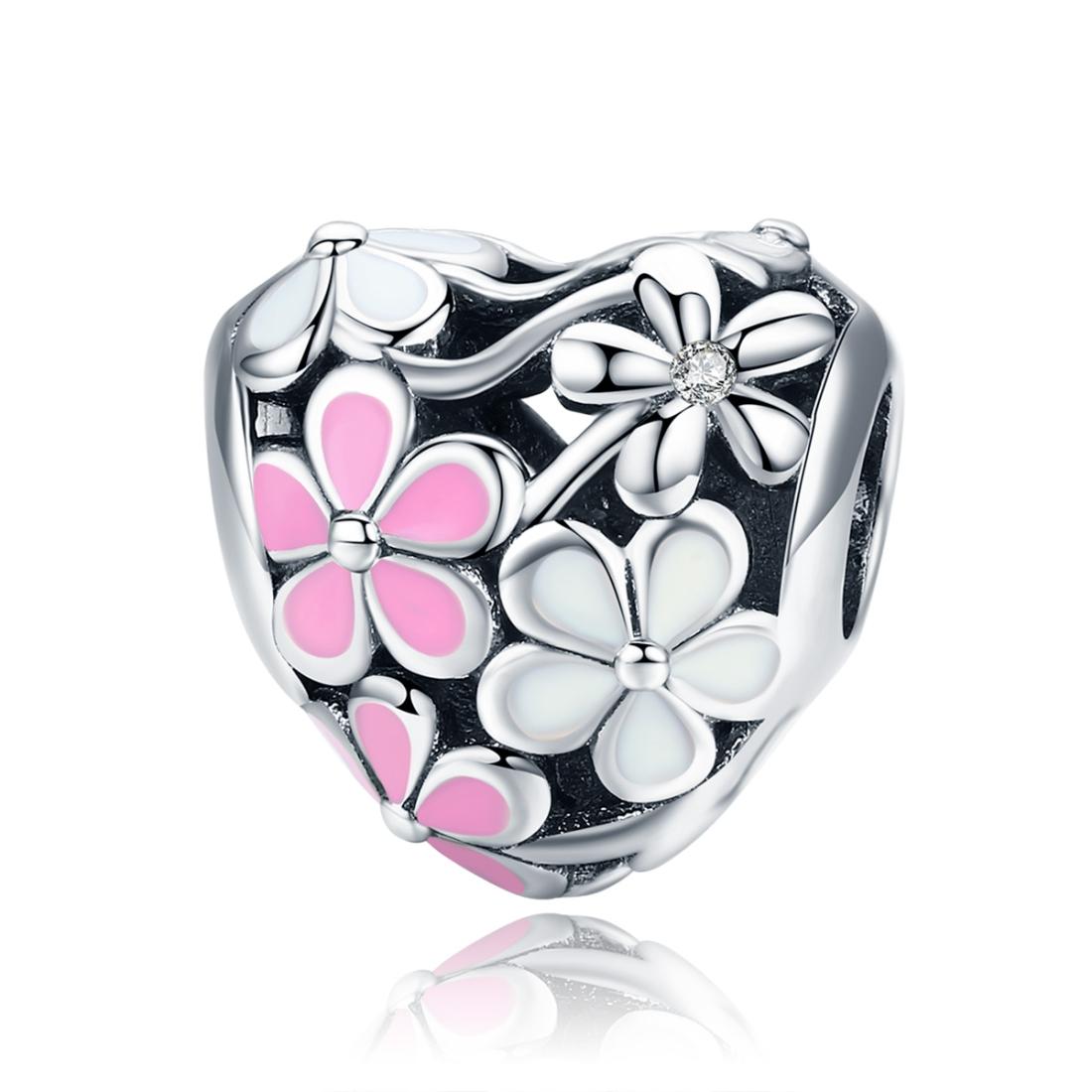 Daisy Flower Heart Enamel Sterling Silver Bead Charm Bracelet Necklace