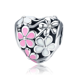 Daisy Flower Heart Enamel Sterling Silver Bead Charm Bracelet Necklace