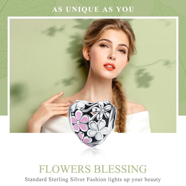 Daisy Flower Heart Enamel Sterling Silver Bead Charm Bracelet Necklace