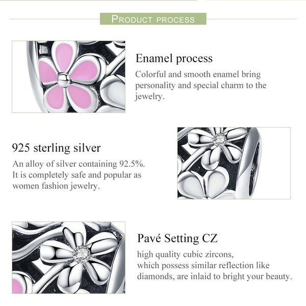 Daisy Flower Heart Enamel Sterling Silver Bead Charm Bracelet Necklace