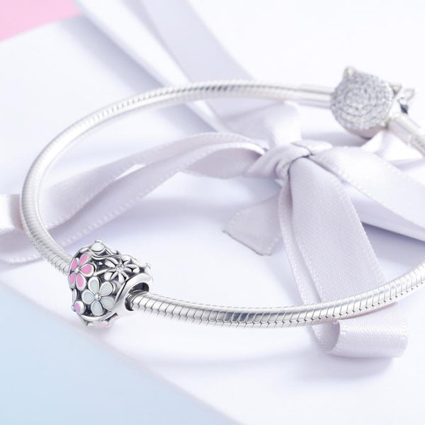 Daisy Flower Heart Enamel Sterling Silver Bead Charm Bracelet Necklace