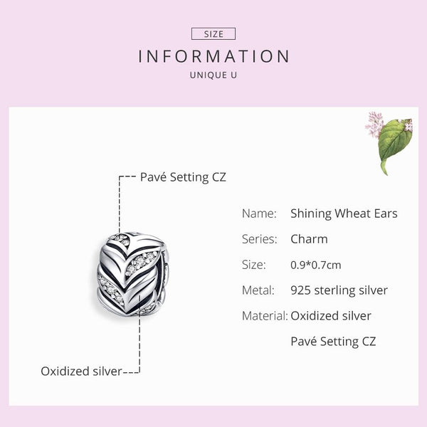 Wheat Ears Sterling Silver Zircon CZ Spacer Bead Charm Pendant Bracelet Necklace