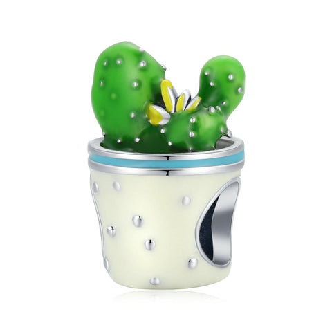 Cactus Flower Plant Enamel Sterling Silver Bead Charm Bracelet Necklace