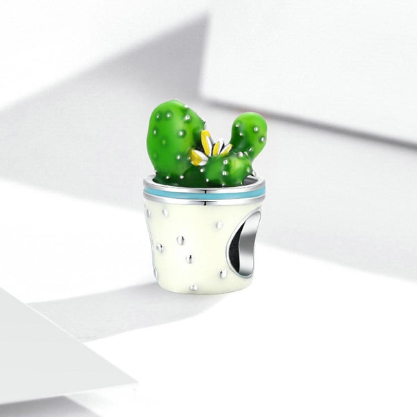 Cactus Flower Plant Enamel Sterling Silver Bead Charm Bracelet Necklace