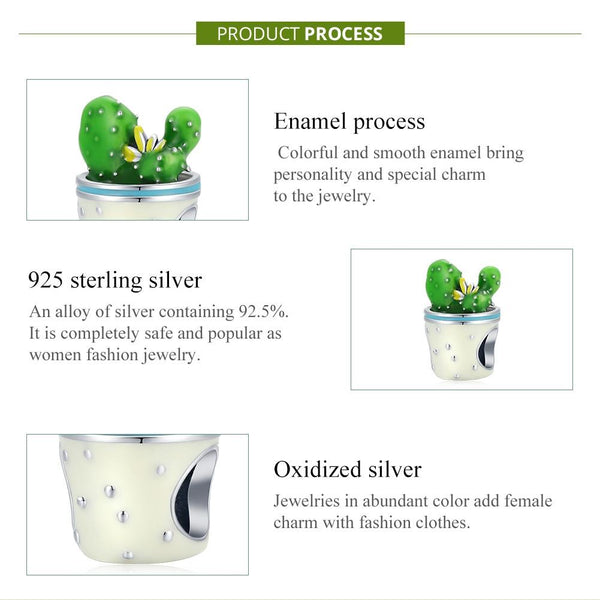 Cactus Flower Plant Enamel Sterling Silver Bead Charm Bracelet Necklace