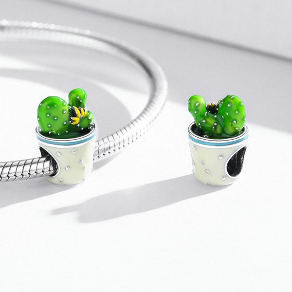 Cactus Flower Plant Enamel Sterling Silver Bead Charm Bracelet Necklace