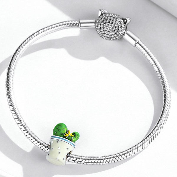 Cactus Flower Plant Enamel Sterling Silver Bead Charm Bracelet Necklace