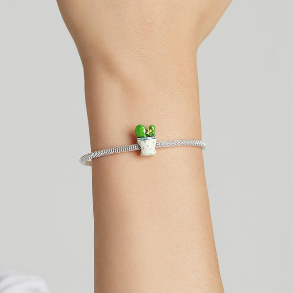 Cactus Flower Plant Enamel Sterling Silver Bead Charm Bracelet Necklace