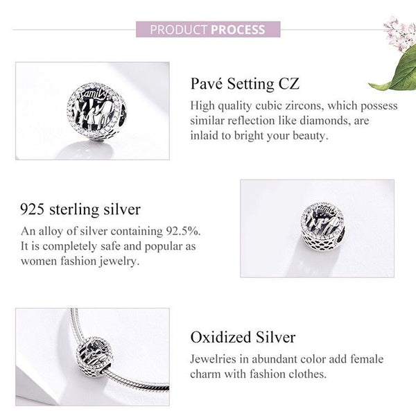 Family Sterling Silver Zircon CZ Bead Charm Bracelet Necklace