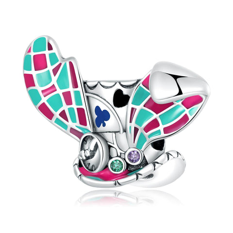 Alice In Wonderland Mat Hatter Enamel Sterling Silver CZ Bead Charm Bracelet Necklace