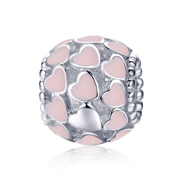 Pink Hearts Enamel Sterling Silver Spacer Bead Charm Pendant Bracelet Necklace