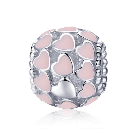 Pink Hearts Enamel Sterling Silver Spacer Bead Charm Pendant Bracelet Necklace