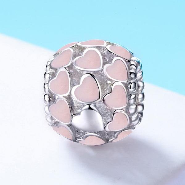Pink Hearts Enamel Sterling Silver Spacer Bead Charm Pendant Bracelet Necklace