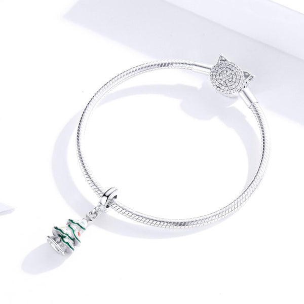 Christmas Tree Enamel Platinum Plated Sterling Silver Bead Charm Bracelet Necklace