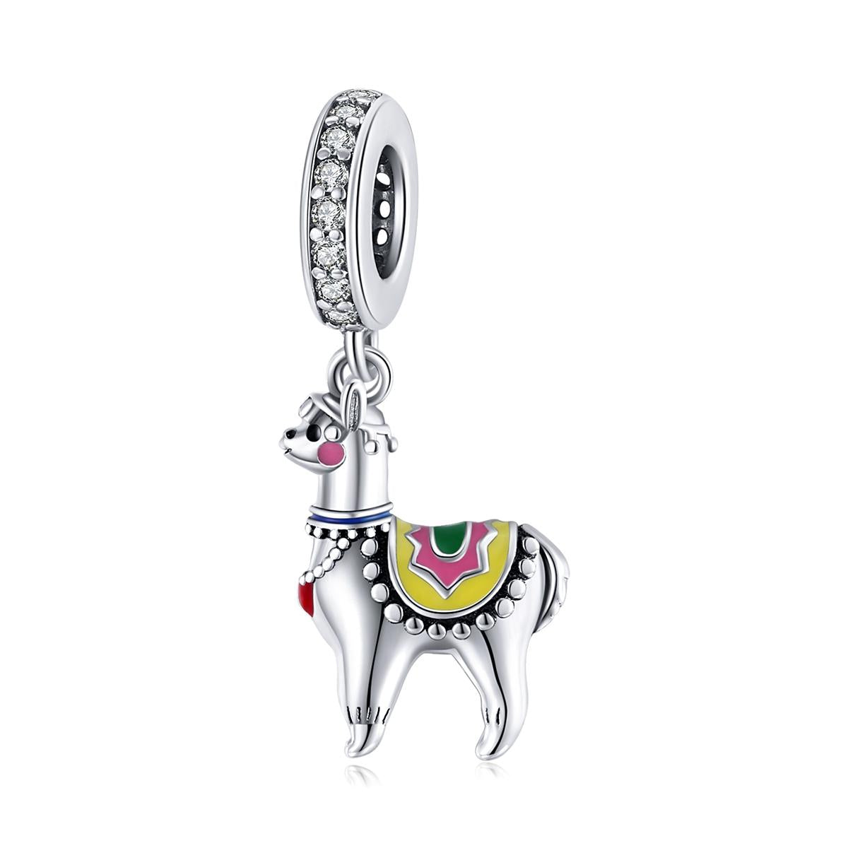 Llama Alpaca Enamel Sterling Silver Zircon CZ Bead Charm Bracelet Necklace