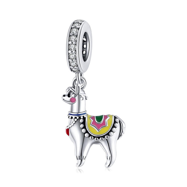 Llama Alpaca Enamel Sterling Silver Zircon CZ Bead Charm Bracelet Necklace