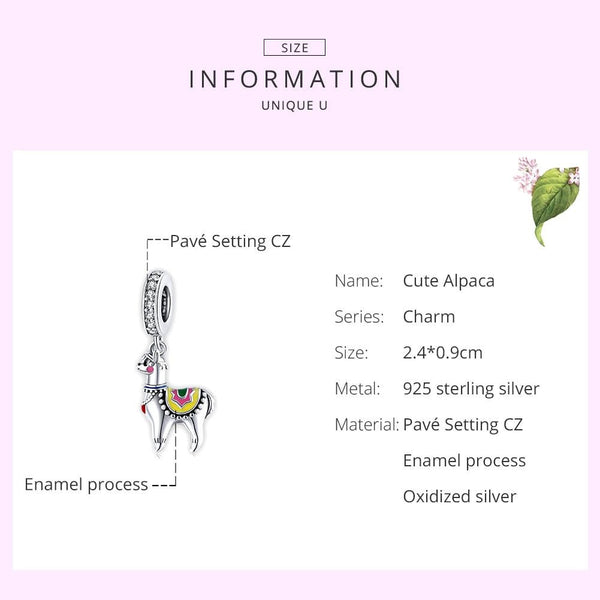 Llama Alpaca Enamel Sterling Silver Zircon CZ Bead Charm Bracelet Necklace