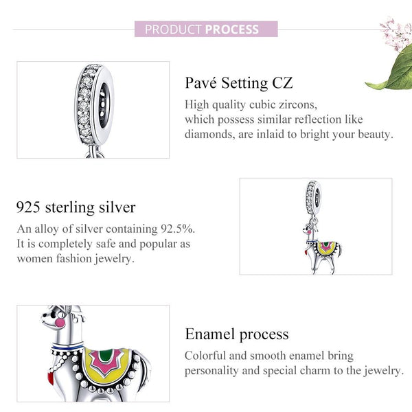 Llama Alpaca Enamel Sterling Silver Zircon CZ Bead Charm Bracelet Necklace