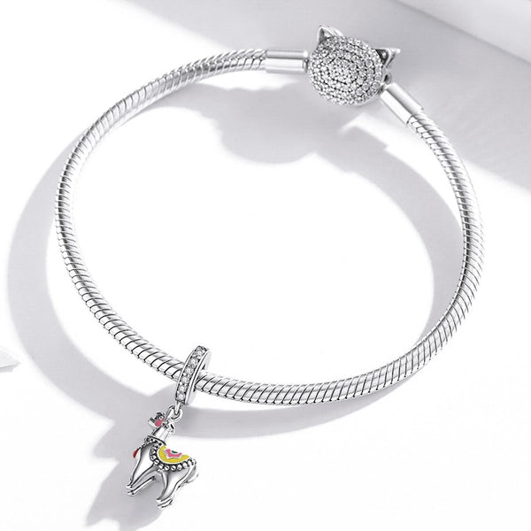 Llama Alpaca Enamel Sterling Silver Zircon CZ Bead Charm Bracelet Necklace