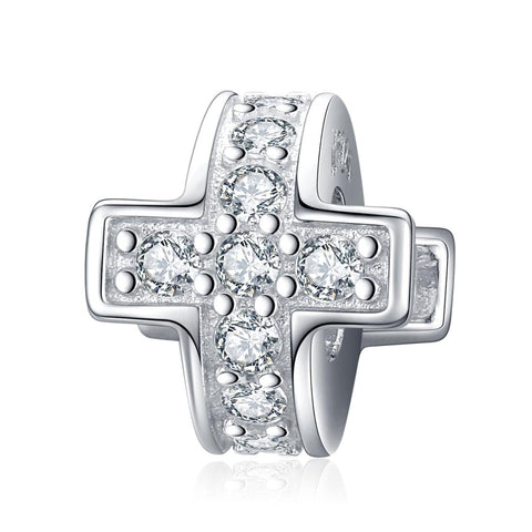 Pave Crystal Cross Sterling Silver Zircon CZ Bead Charm Pendant Bracelet Necklace