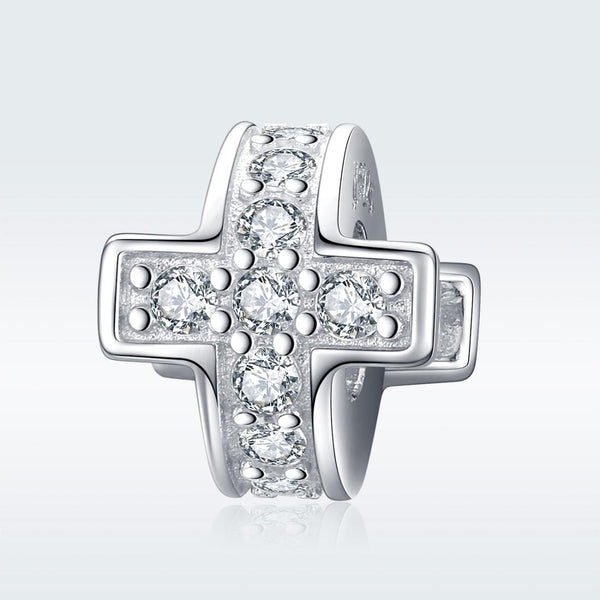 Pave Crystal Cross Sterling Silver Zircon CZ Bead Charm Pendant Bracelet Necklace
