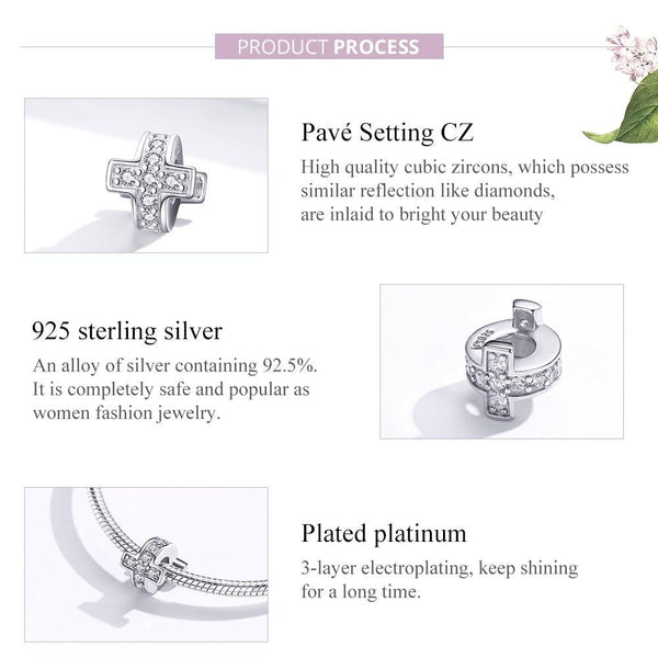 Pave Crystal Cross Sterling Silver Zircon CZ Bead Charm Pendant Bracelet Necklace