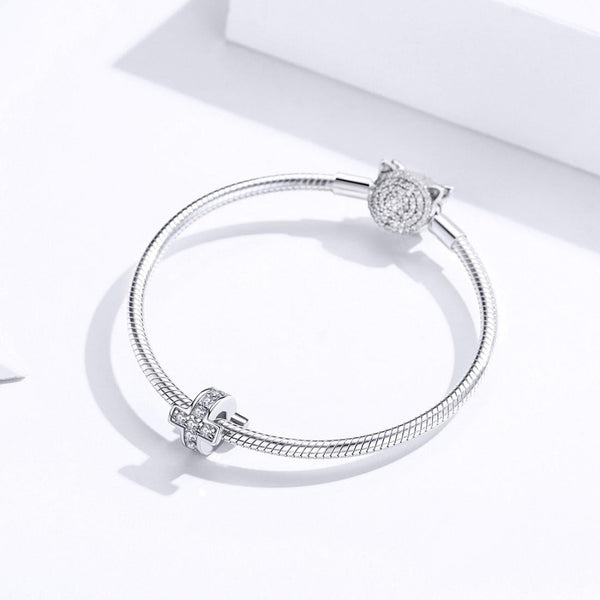 Pave Crystal Cross Sterling Silver Zircon CZ Bead Charm Pendant Bracelet Necklace