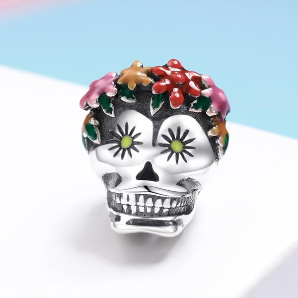 Colourful Mexican Skull Enamel Sterling Silver Bead Charm Bracelet Necklace