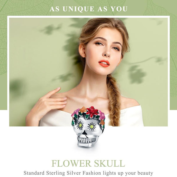 Colourful Mexican Skull Enamel Sterling Silver Bead Charm Bracelet Necklace