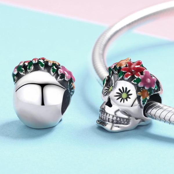 Colourful Mexican Skull Enamel Sterling Silver Bead Charm Bracelet Necklace