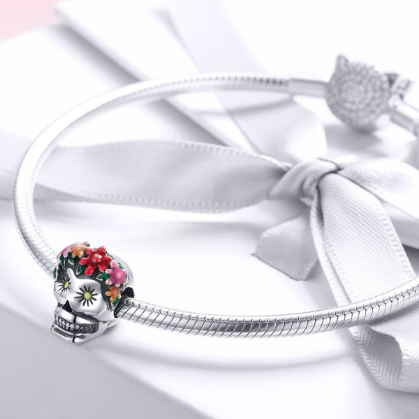 Colourful Mexican Skull Enamel Sterling Silver Bead Charm Bracelet Necklace