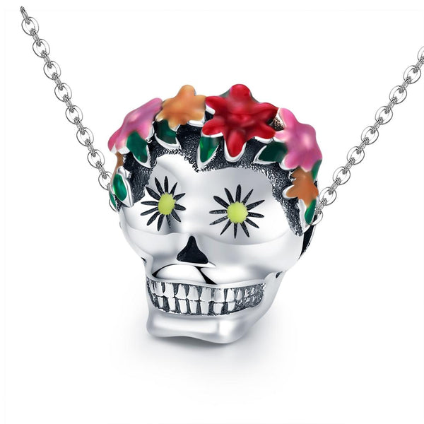 Colourful Mexican Skull Enamel Sterling Silver Bead Charm Bracelet Necklace