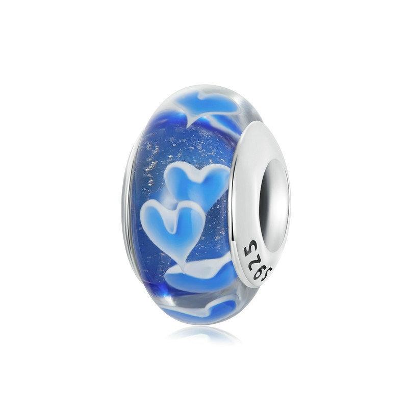 Blue Glass Hearts Sterling Silver Spacer Bead Charm Bracelet Necklace