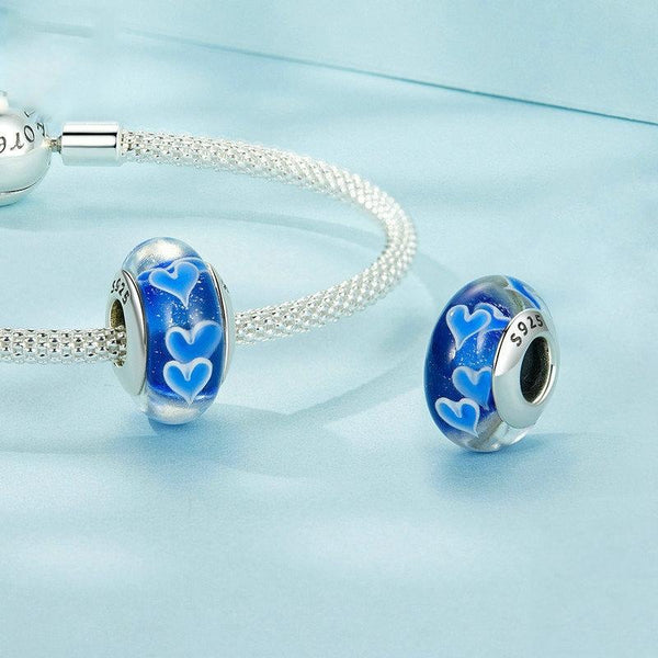 Blue Glass Hearts Sterling Silver Spacer Bead Charm Bracelet Necklace