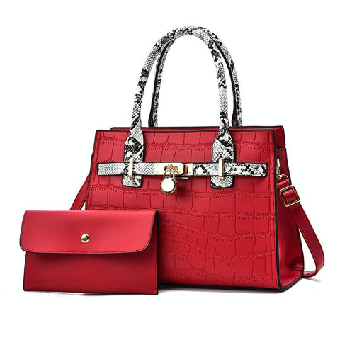 2 Pce Faux Crocodile PU Leather Tote Shoulder Clutch Bag Handbag Red
