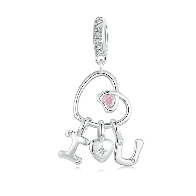 I Love You Heart Sterling Silver Zircon CZ Bead Charm Bracelet Necklace