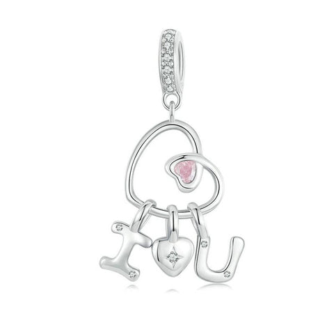 I Love You Heart Sterling Silver Zircon CZ Bead Charm Bracelet Necklace