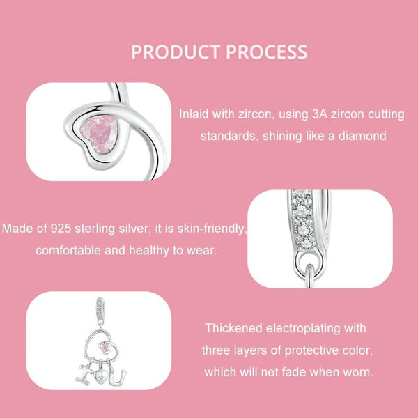 I Love You Heart Sterling Silver Zircon CZ Bead Charm Bracelet Necklace