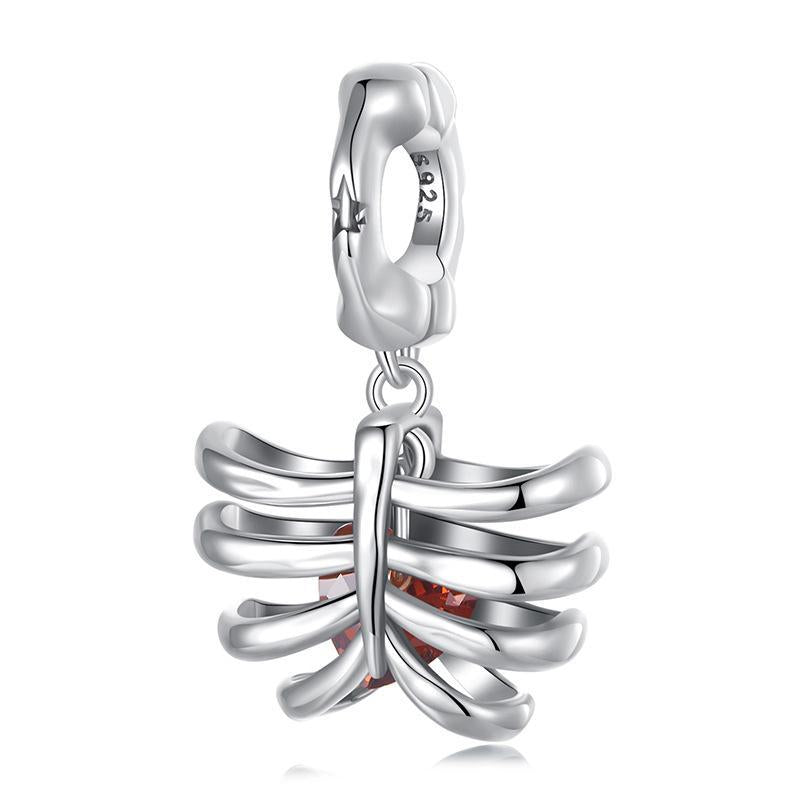 Rib Cage Heart Skeleton Sterling Silver Bead Charm Bracelet Necklace Pendant