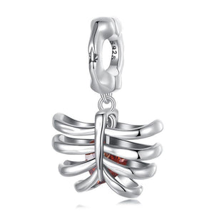 Rib Cage Heart Skeleton Sterling Silver Bead Charm Bracelet Necklace Pendant