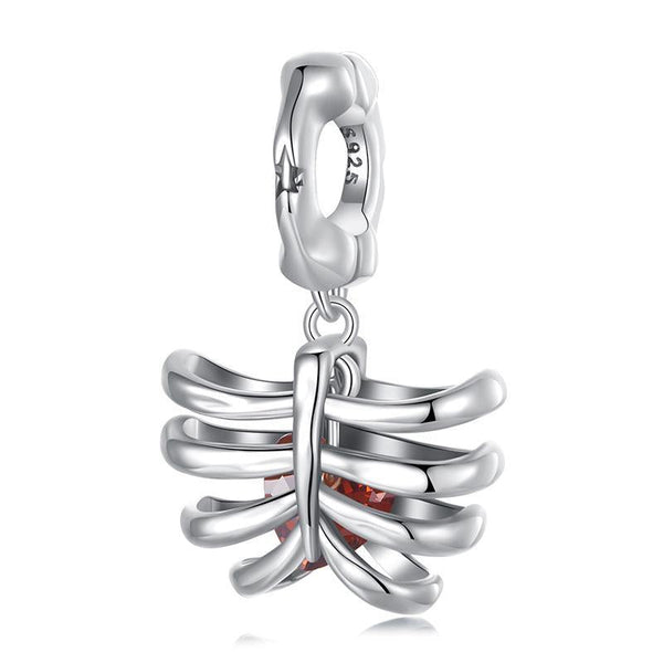 Rib Cage Heart Skeleton Sterling Silver Bead Charm Bracelet Necklace Pendant